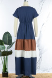Red Casual Patchwork Contrast V Neck Short Sleeve Dress Dresses