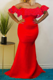 Red Elegant Solid Patchwork Off the Shoulder Evening Dress Dresses