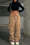Green Casual Street Solid Patchwork Pocket Mid Waist Straight Solid Color Bottoms