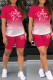 Rose Red Casual Gradual Change Letter Print Basic O Neck Short Sleeve Two Pieces