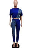 Royal Blue Casual Solid Patchwork O Neck Short Sleeve Two Pieces