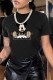 Black Casual Character Print Letter O Neck T-Shirts