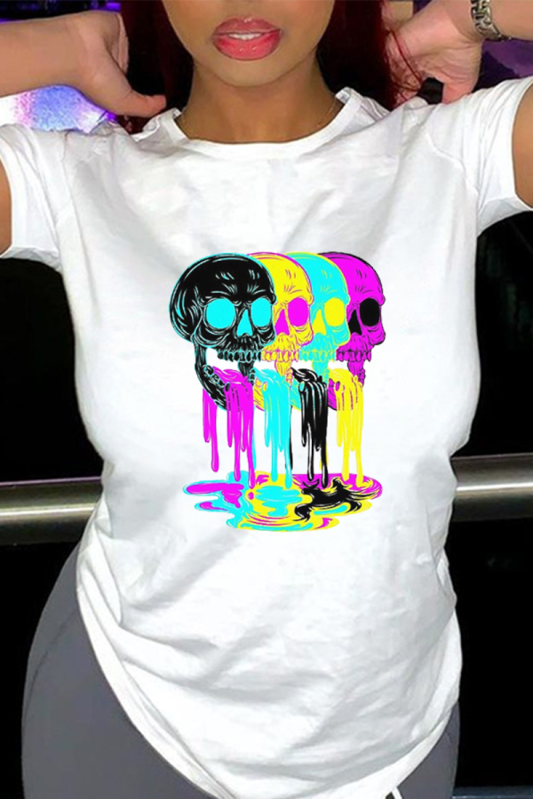 White Casual Daily Print Skull Patchwork O Neck T-Shirts