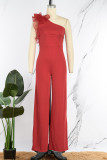 Red Casual Solid Patchwork Backless One Shoulder Regular Jumpsuits