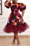 Deep Red Elegant Print Patchwork Asymmetrical Collar A Line Dresses