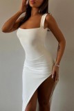 White Sexy Solid Backless Slit Spaghetti Strap One Step Skirt Dresses