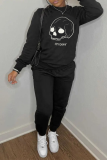 Black Casual Daily Print Skull Patchwork Letter O Neck Tops