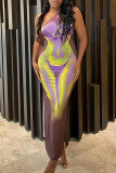 Purple Sexy Print Patchwork Asymmetrical Collar One Step Skirt Dresses