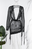 Black Sexy Solid See-through V Neck Long Sleeve Dresses