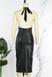 Black Sexy Solid Bandage Backless Halter Sleeveless Dress Dresses