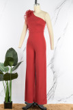 Red Casual Solid Patchwork Backless One Shoulder Regular Jumpsuits