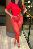 Red Sexy Solid Patchwork See-through O Neck Short Sleeve Two Pieces