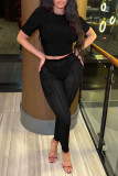 Black Sexy Solid Patchwork See-through O Neck Short Sleeve Two Pieces