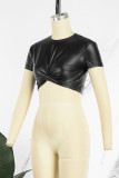 Black Casual Solid Patchwork O Neck Tops