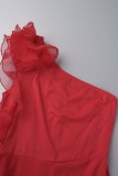 Red Casual Solid Patchwork Backless One Shoulder Regular Jumpsuits