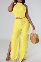 Yellow Sexy Casual Solid Bandage Backless Slit Halter Sleeveless Two Pieces