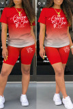 Red Casual Gradual Change Letter Print Basic O Neck Short Sleeve Two Pieces