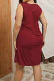Burgundy Casual Solid Patchwork Buttons U Neck Straight Plus Size Dresses