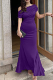 Purple Sexy Solid Patchwork Oblique Collar Long Dress Dresses