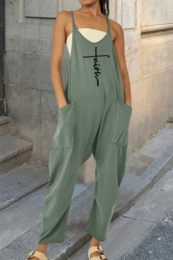 Green Casual Print Patchwork Spaghetti Strap Harlan Jumpsuits