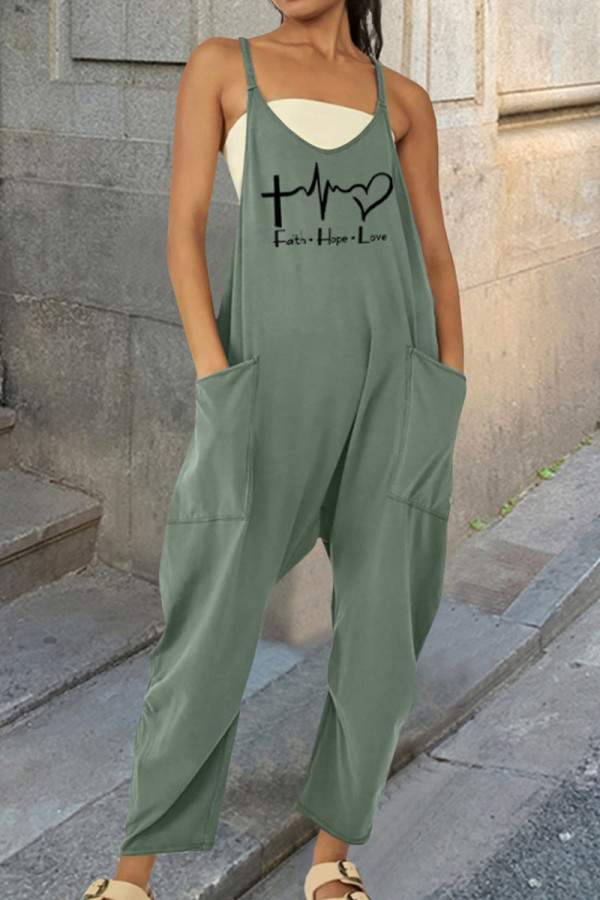 Green Casual Print Patchwork Pocket Spaghetti Strap Harlan Jumpsuits