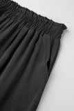 Black Casual Solid Frenulum Turndown Collar Short Sleeve Two Pieces