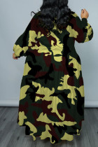 Camouflage Casual Print Patchwork Buckle Fold Turndown Collar Long Dress Plus Size Dresses