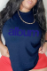 Navy Blue Casual Daily Print Patchwork Letter O Neck T-Shirts