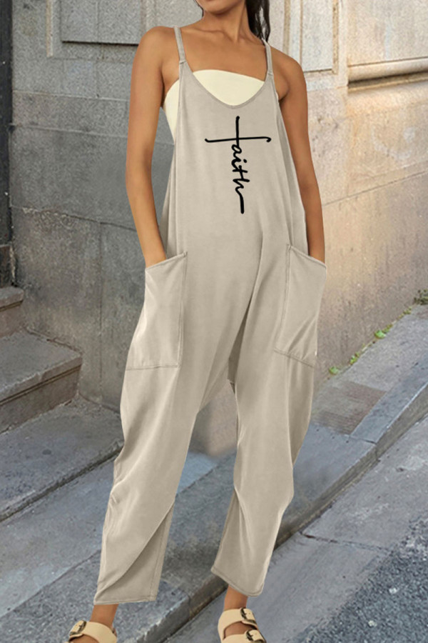 Grey Casual Print Patchwork Spaghetti Strap Harlan Jumpsuits