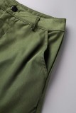 Army Green Casual Solid Draw String Frenulum Regular High Waist Conventional Solid Color Bottoms