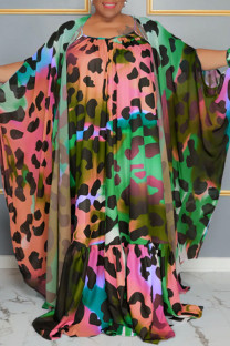 Pink Green Casual Print Patchwork Cardigan Collar Plus Size Overcoat