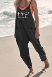Grey Casual Print Patchwork Pocket Spaghetti Strap Harlan Jumpsuits