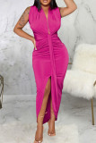 Red Sexy Solid Patchwork Asymmetrical V Neck Irregular Dress Dresses