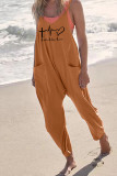 Grey Casual Print Patchwork Pocket Spaghetti Strap Harlan Jumpsuits