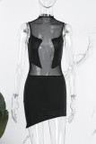 Black Sexy Solid Mesh Half A Turtleneck Pencil Skirt Dresses