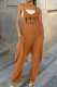Brown Casual Print Patchwork Pocket Spaghetti Strap Harlan Jumpsuits