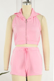 Pink Sexy Solid Zipper Hooded Collar Sleeveless Two Pieces