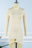 Apricot Sexy Solid Patchwork Half A Turtleneck Pencil Skirt Dresses