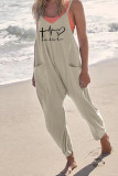 Grey Casual Print Patchwork Pocket Spaghetti Strap Harlan Jumpsuits