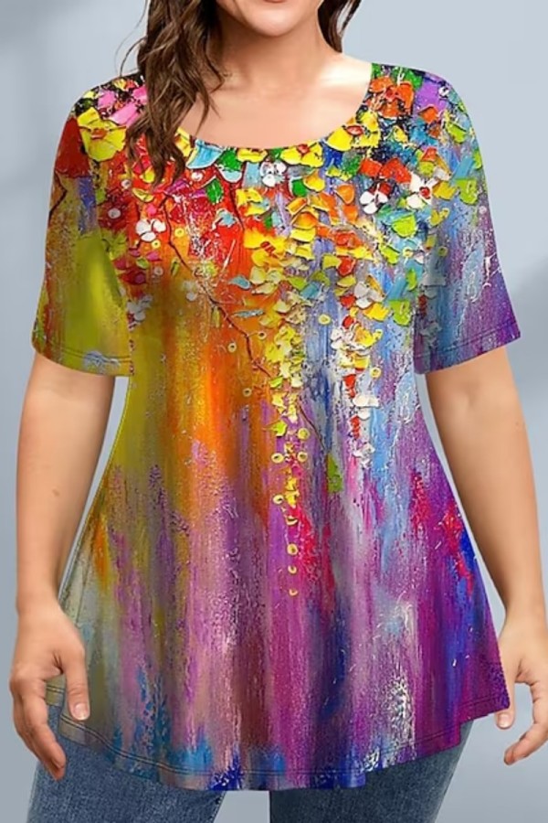 Colour Casual Print Basic O Neck T-Shirts