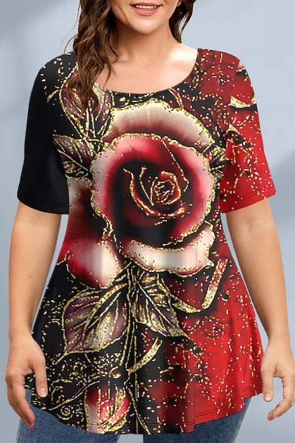 Black Red Casual Print Basic O Neck T-Shirts