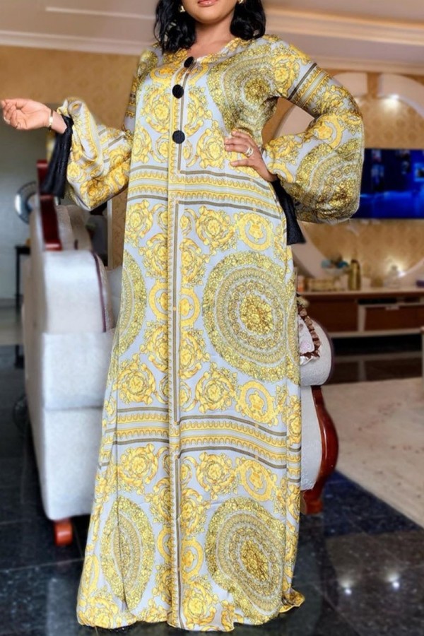 Yellow Casual Print Patchwork O Neck Long Sleeve Dresses