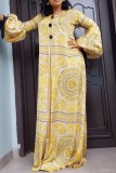 Yellow Casual Print Patchwork O Neck Long Sleeve Dresses