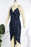 Deep Blue Sexy Party Solid Sequined V Neck Sling Dress Dresses