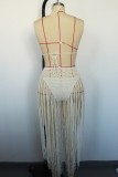 Apricot Sexy Solid Tassel Hollowed Out Backless Swimwears (Without Paddings)