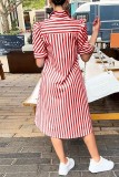 Red Casual Striped Print Patchwork Turndown Collar Shirt Dress Dresses