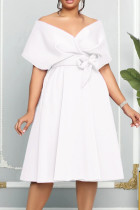 White Elegant Solid Patchwork With Bow V Neck Evening Dress Dresses