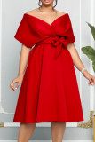 Rose Red Elegant Solid Patchwork With Bow V Neck Evening Dress Dresses