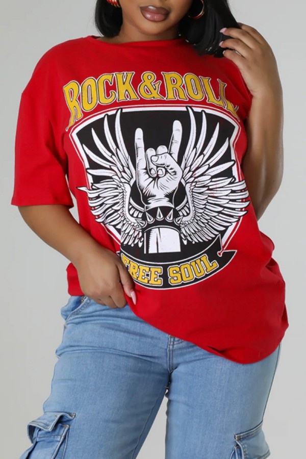 Red Casual Print Basic O Neck T-Shirts