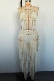 Orange Sexy Solid Tassel Hollowed Out Backless Swimwears (Without Paddings)